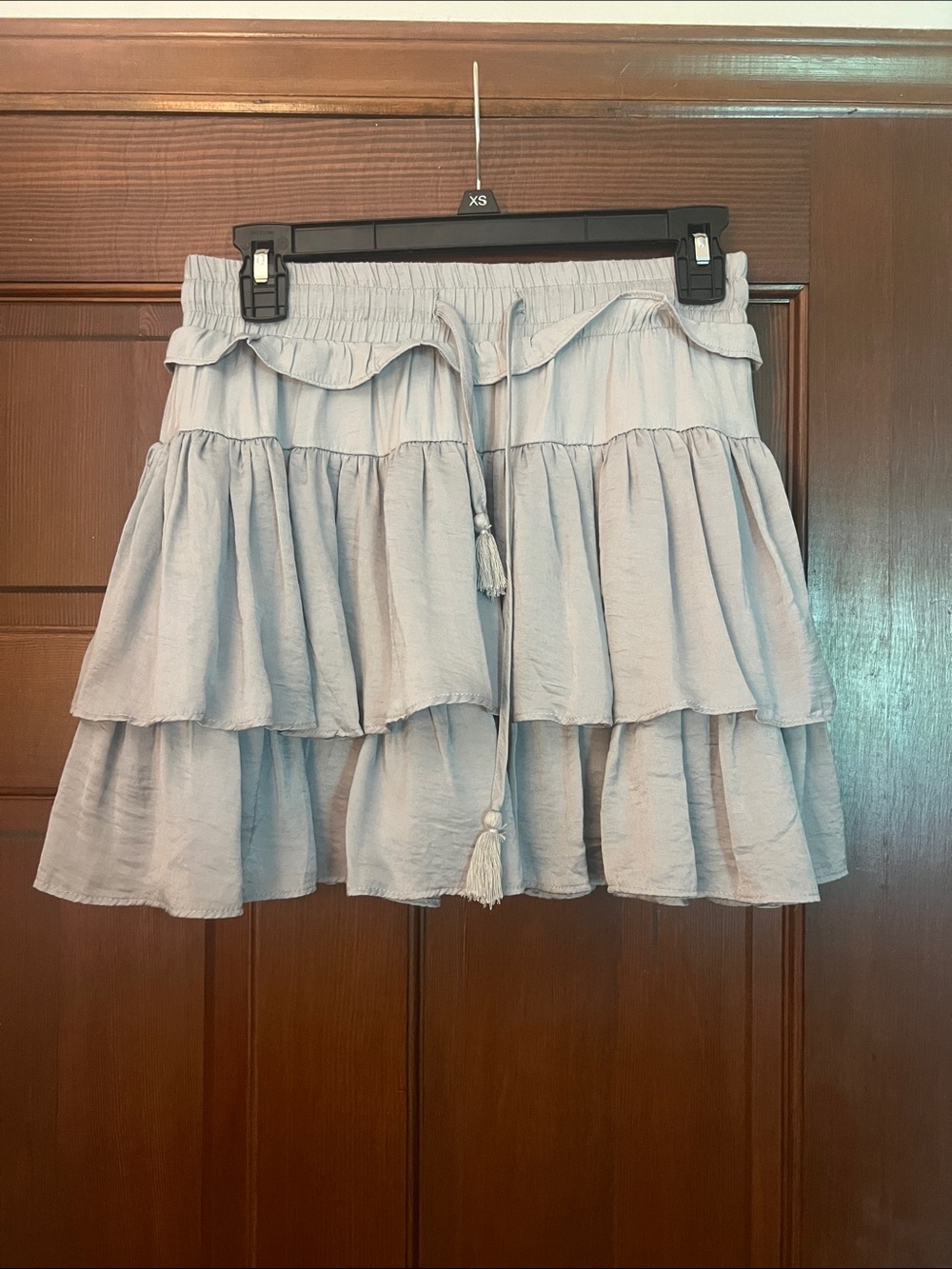 vestique Light Blue Tiered Tassel Mini Skirt